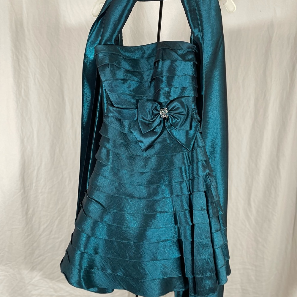 Jovani Teal Blue Ruffle Strapless Formal Dress Size 2